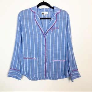 Anthropologie Blue & White Striped Pajama Top with Pink Trim